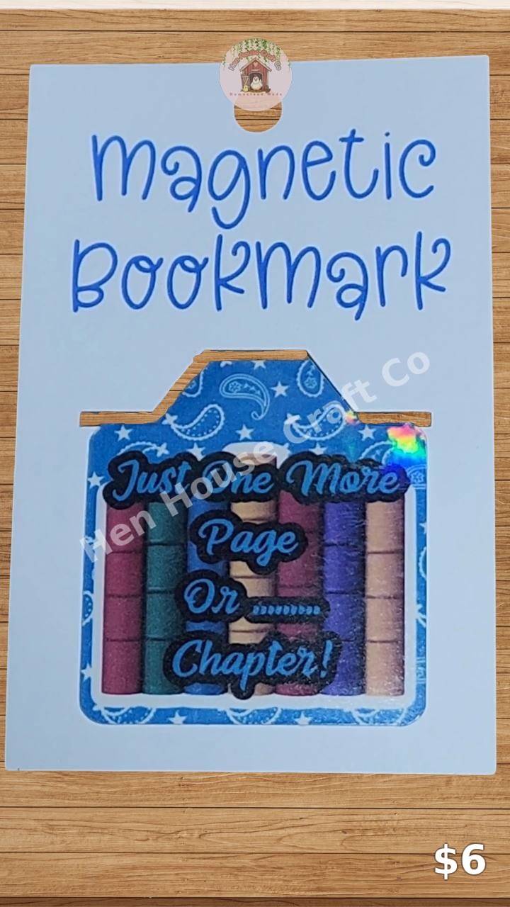Just One More Page Or Chapter magnetic bookmark, blue paisley card with thread spools and a holographic accent
