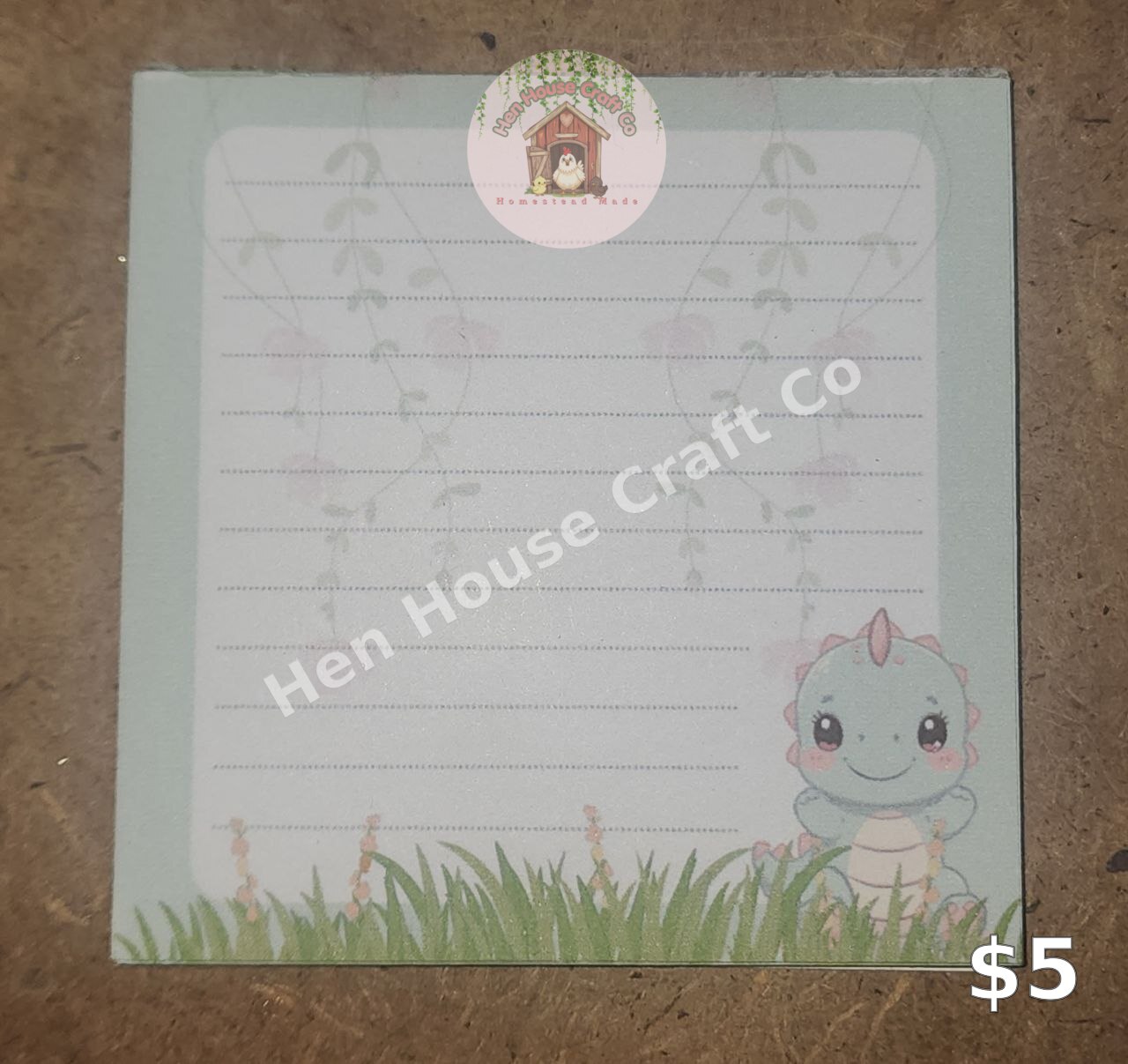 Handmade baby dinosaur sticky note pad with grass and vines, lined