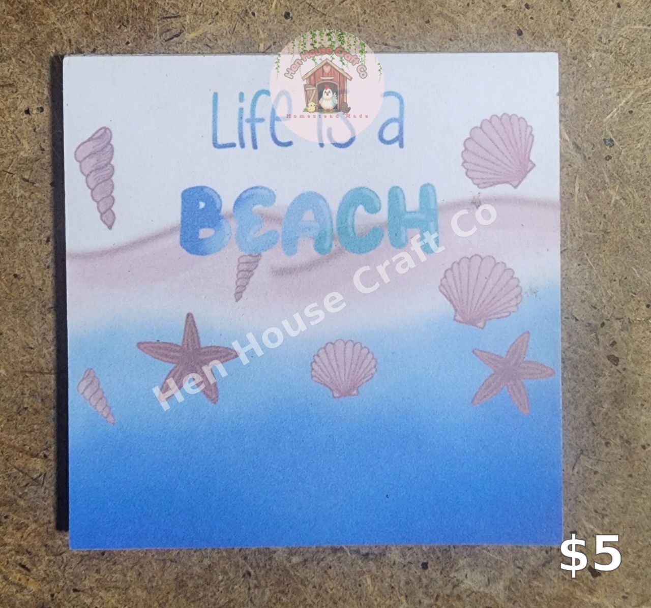 Handmade Life is a Beach sticky note pad with shells and starfish